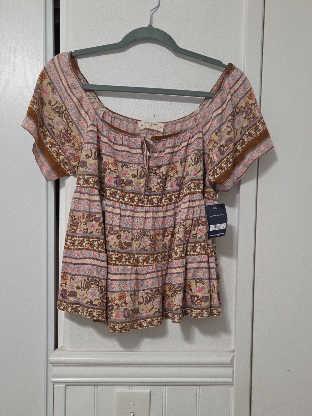 Lucky Brand Pink and Brown Floral Peasant Blouse